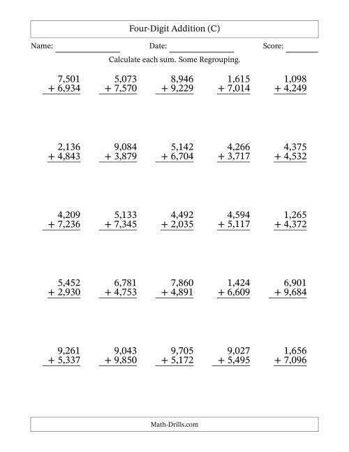 The Four-Digit Addition With Some Regrouping – 25 Questions – Comma Separated Thousands (C) Math Worksheet