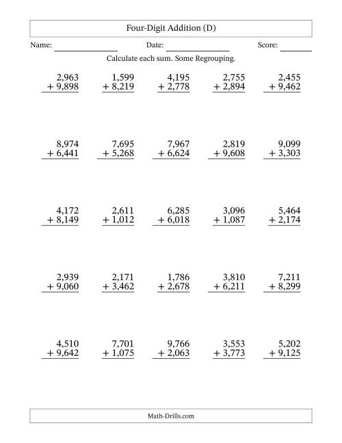The Four-Digit Addition With Some Regrouping – 25 Questions – Comma Separated Thousands (D) Math Worksheet