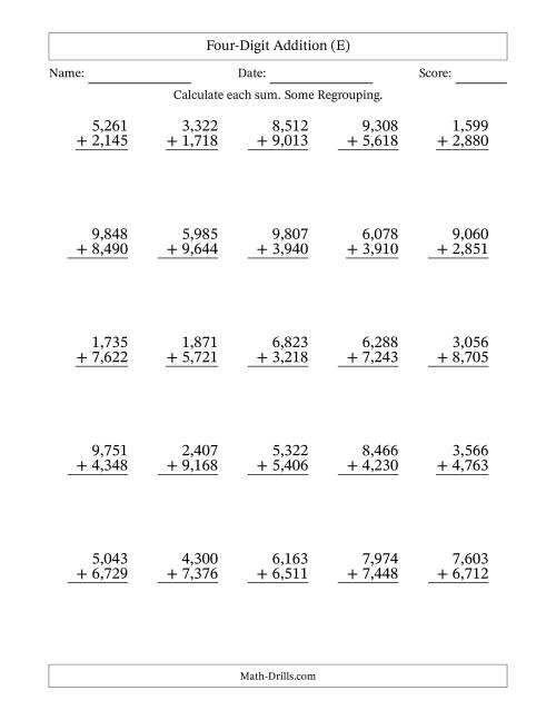 The 4-Digit Plus 4-Digit Addition with SOME Regrouping with Comma-Separated Thousands (E) Math Worksheet