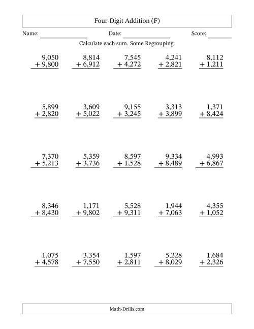 The Four-Digit Addition With Some Regrouping – 25 Questions – Comma Separated Thousands (F) Math Worksheet