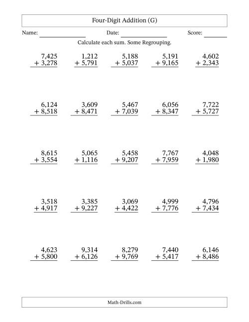 The Four-Digit Addition With Some Regrouping – 25 Questions – Comma Separated Thousands (G) Math Worksheet