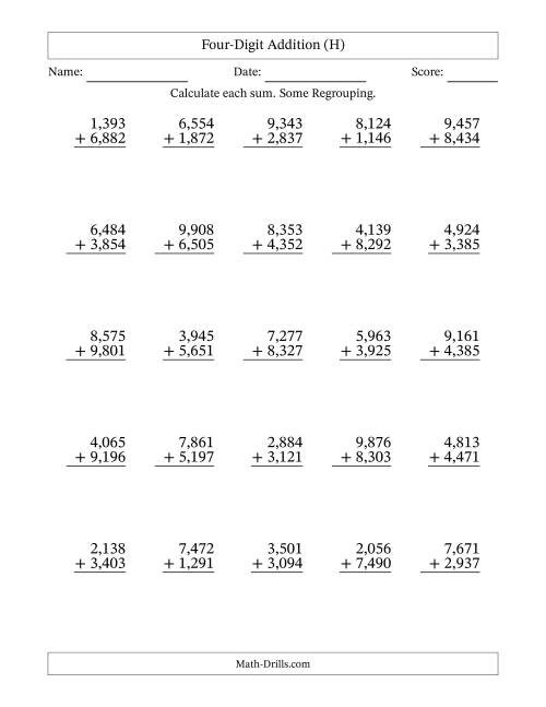 The Four-Digit Addition With Some Regrouping – 25 Questions – Comma Separated Thousands (H) Math Worksheet