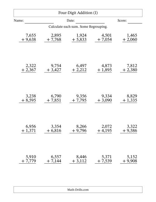 The Four-Digit Addition With Some Regrouping – 25 Questions – Comma Separated Thousands (I) Math Worksheet