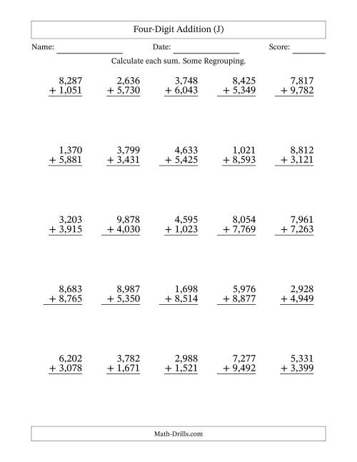 The 4-Digit Plus 4-Digit Addition with SOME Regrouping with Comma-Separated Thousands (J) Math Worksheet