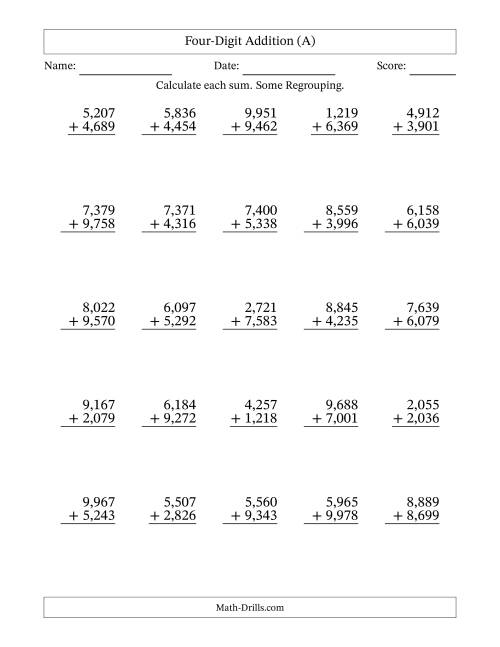 The 4-Digit Plus 4-Digit Addition with SOME Regrouping with Comma-Separated Thousands (All) Math Worksheet