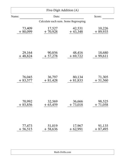 The Five-Digit Addition With Some Regrouping – 20 Questions – Comma Separated Thousands (A) Math Worksheet