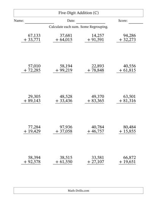The Five-Digit Addition With Some Regrouping – 20 Questions – Comma Separated Thousands (C) Math Worksheet