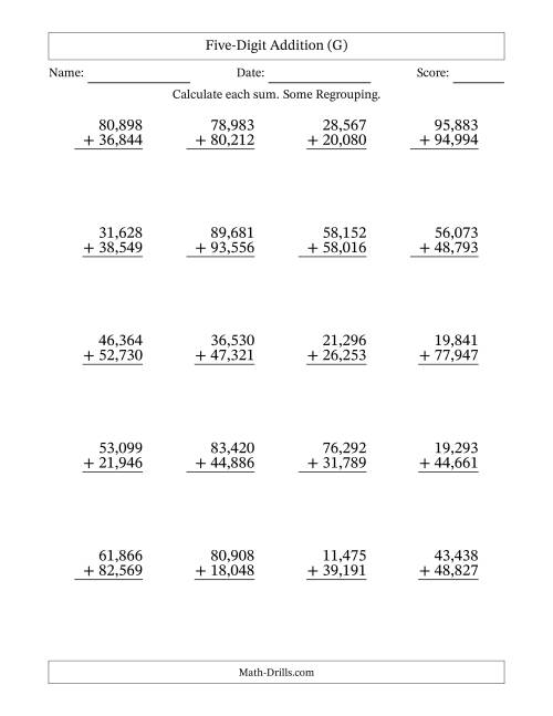 The Five-Digit Addition With Some Regrouping – 20 Questions – Comma Separated Thousands (G) Math Worksheet