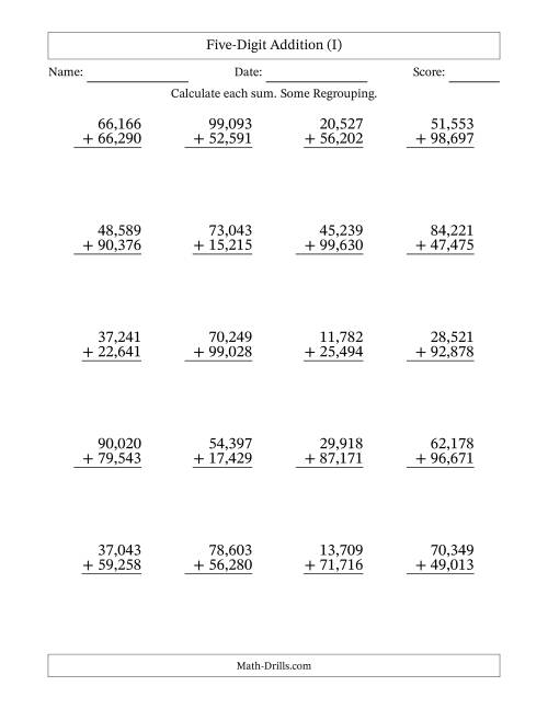 The Five-Digit Addition With Some Regrouping – 20 Questions – Comma Separated Thousands (I) Math Worksheet