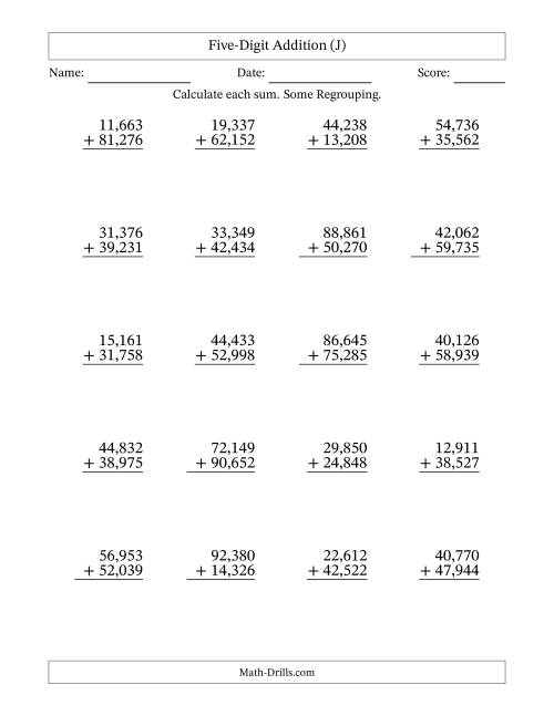 The Five-Digit Addition With Some Regrouping – 20 Questions – Comma Separated Thousands (J) Math Worksheet