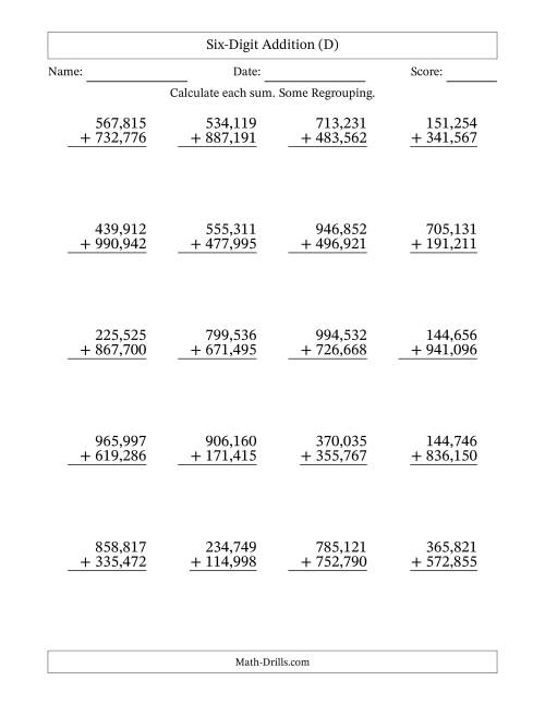 The Six-Digit Addition With Some Regrouping – 20 Questions – Comma Separated Thousands (D) Math Worksheet