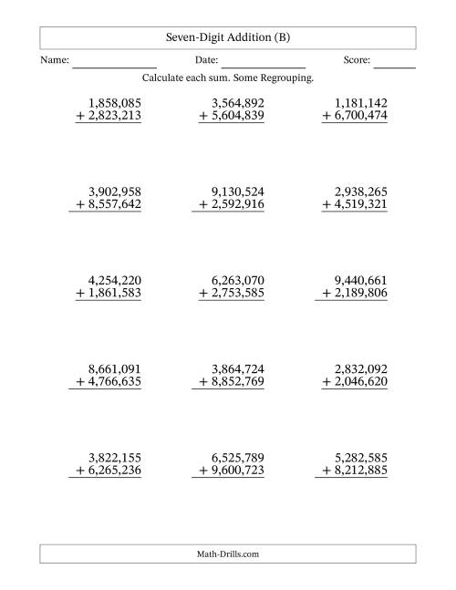 The 7-Digit Plus 7-Digit Addition with SOME Regrouping with Comma-Separated Thousands (B) Math Worksheet