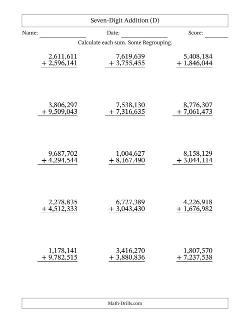 The Seven-Digit Addition With Some Regrouping – 15 Questions – Comma Separated Thousands (D) Math Worksheet