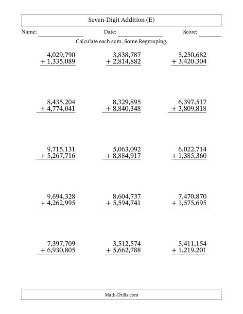 The 7-Digit Plus 7-Digit Addition with SOME Regrouping with Comma-Separated Thousands (E) Math Worksheet