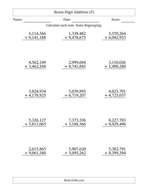 The Seven-Digit Addition With Some Regrouping – 15 Questions – Comma Separated Thousands (F) Math Worksheet