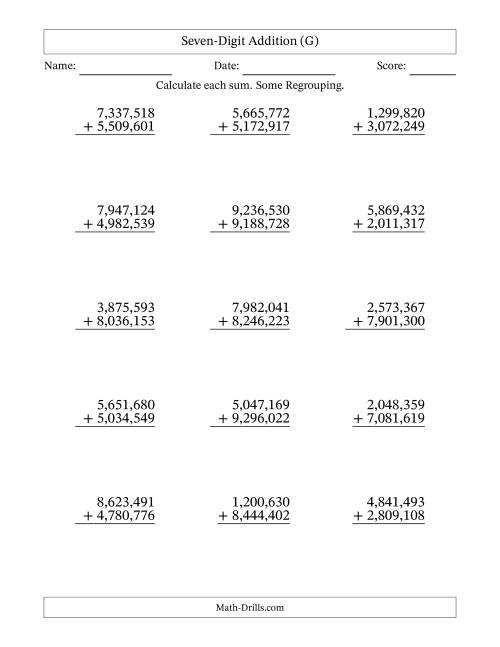 The Seven-Digit Addition With Some Regrouping – 15 Questions – Comma Separated Thousands (G) Math Worksheet