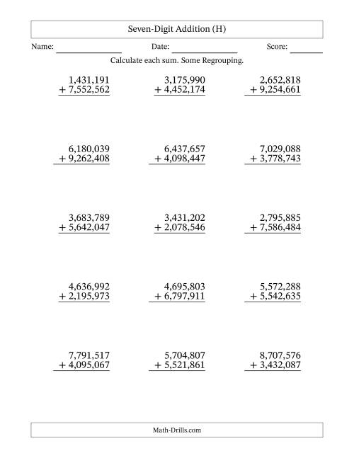 The Seven-Digit Addition With Some Regrouping – 15 Questions – Comma Separated Thousands (H) Math Worksheet
