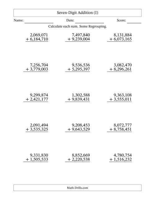 The 7-Digit Plus 7-Digit Addition with SOME Regrouping with Comma-Separated Thousands (I) Math Worksheet