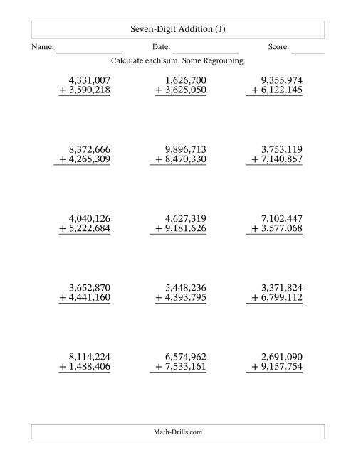 The Seven-Digit Addition With Some Regrouping – 15 Questions – Comma Separated Thousands (J) Math Worksheet