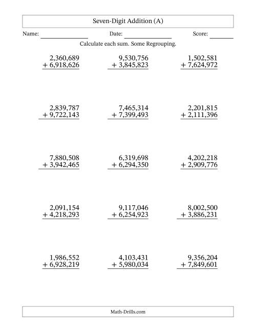 The 7-Digit Plus 7-Digit Addition with SOME Regrouping with Comma-Separated Thousands (All) Math Worksheet