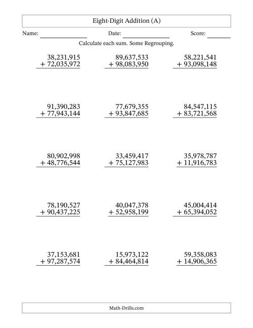 The 8-Digit Plus 8-Digit Addition with SOME Regrouping with Comma-Separated Thousands (A) Math Worksheet