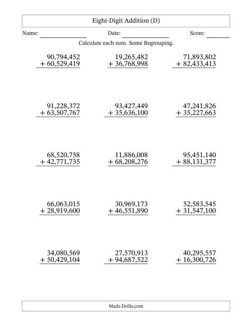 The Eight-Digit Addition With Some Regrouping – 15 Questions – Comma Separated Thousands (D) Math Worksheet