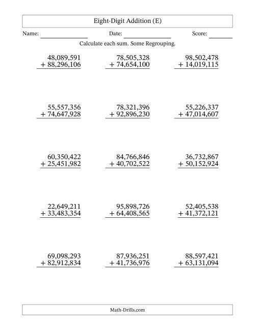 The Eight-Digit Addition With Some Regrouping – 15 Questions – Comma Separated Thousands (E) Math Worksheet
