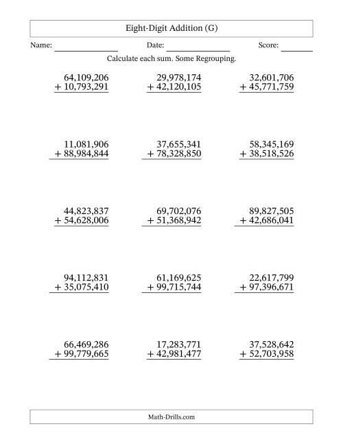 The Eight-Digit Addition With Some Regrouping – 15 Questions – Comma Separated Thousands (G) Math Worksheet