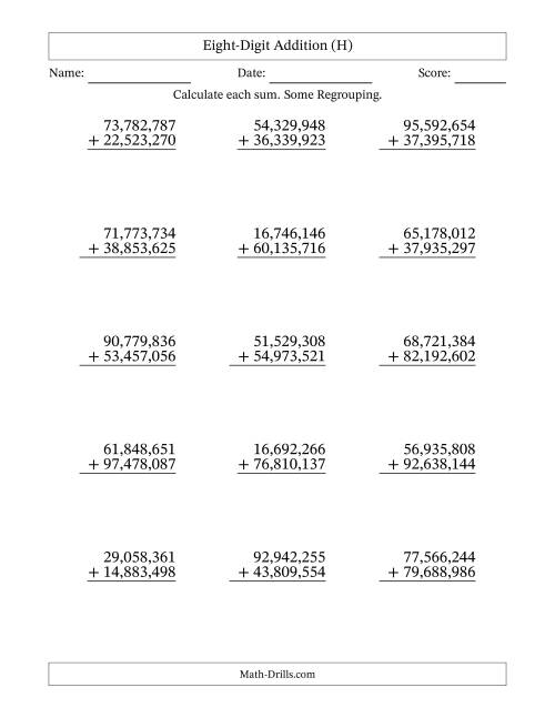 The Eight-Digit Addition With Some Regrouping – 15 Questions – Comma Separated Thousands (H) Math Worksheet