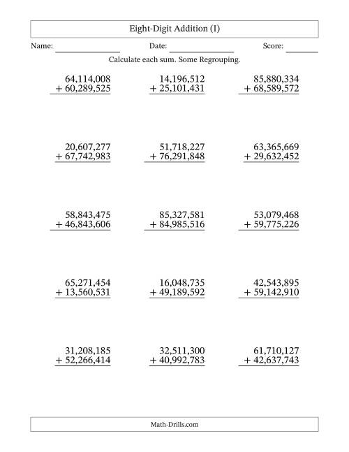 The Eight-Digit Addition With Some Regrouping – 15 Questions – Comma Separated Thousands (I) Math Worksheet