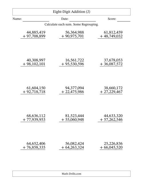 The Eight-Digit Addition With Some Regrouping – 15 Questions – Comma Separated Thousands (J) Math Worksheet
