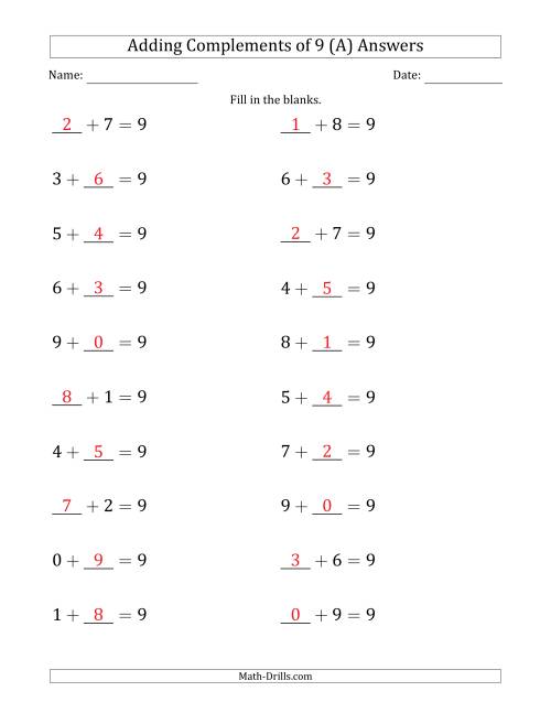 The Adding Complements of 9 (Blanks in First or Second Position) (A) Math Worksheet Page 2