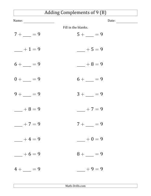 The Adding Complements of 9 (Blanks in First or Second Position) (B) Math Worksheet