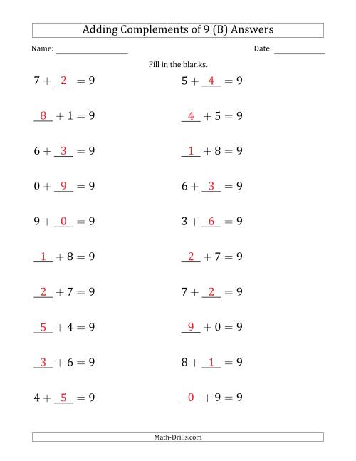The Adding Complements of 9 (Blanks in First or Second Position) (B) Math Worksheet Page 2