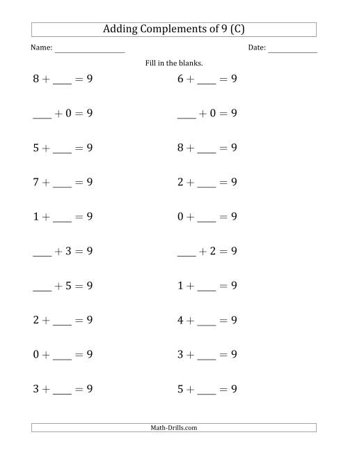 The Adding Complements of 9 (Blanks in First or Second Position) (C) Math Worksheet