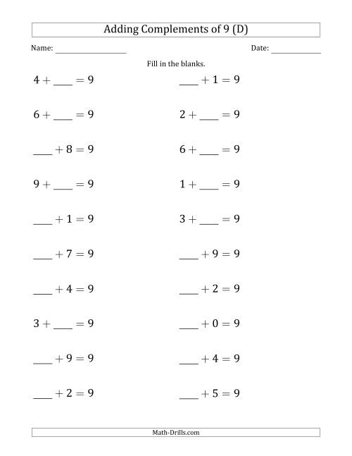 The Adding Complements of 9 (Blanks in First or Second Position) (D) Math Worksheet