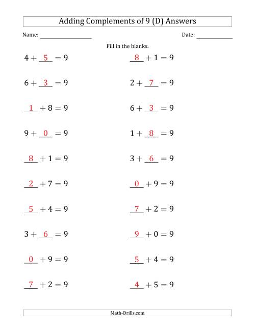 The Adding Complements of 9 (Blanks in First or Second Position) (D) Math Worksheet Page 2