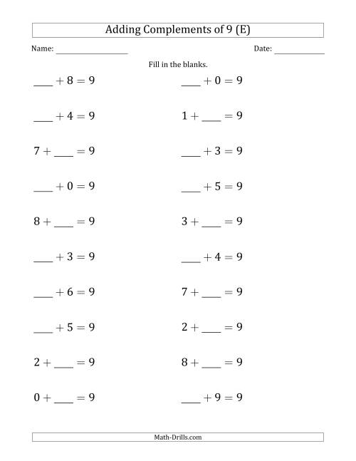 The Adding Complements of 9 (Blanks in First or Second Position) (E) Math Worksheet