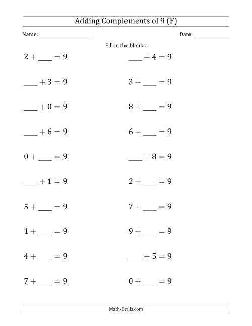 The Adding Complements of 9 (Blanks in First or Second Position) (F) Math Worksheet