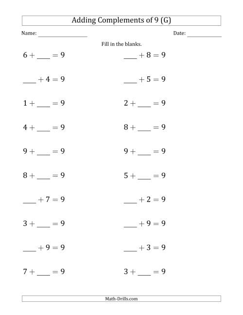 The Adding Complements of 9 (Blanks in First or Second Position) (G) Math Worksheet
