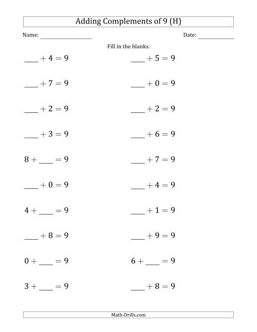The Adding Complements of 9 (Blanks in First or Second Position) (H) Math Worksheet