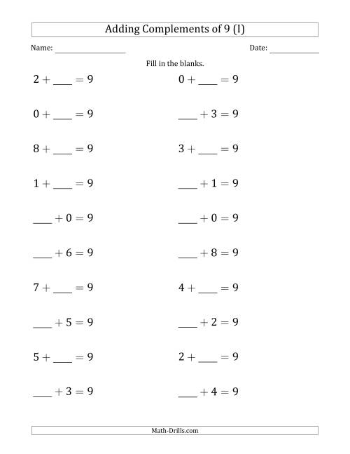 The Adding Complements of 9 (Blanks in First or Second Position) (I) Math Worksheet