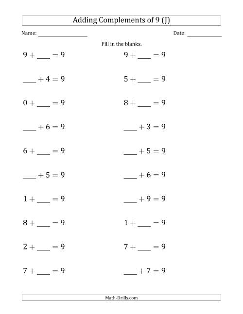 The Adding Complements of 9 (Blanks in First or Second Position) (J) Math Worksheet