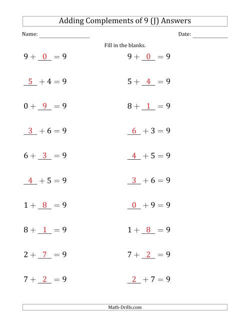 The Adding Complements of 9 (Blanks in First or Second Position) (J) Math Worksheet Page 2