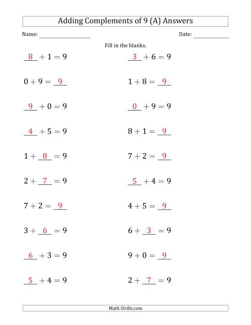 The Adding Complements of 9 (Blanks in Any Position, Including Sums) (A) Math Worksheet Page 2