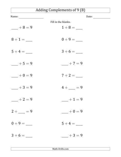 The Adding Complements of 9 (Blanks in Any Position, Including Sums) (B) Math Worksheet