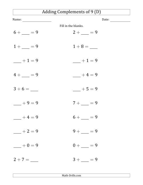 The Adding Complements of 9 (Blanks in Any Position, Including Sums) (D) Math Worksheet