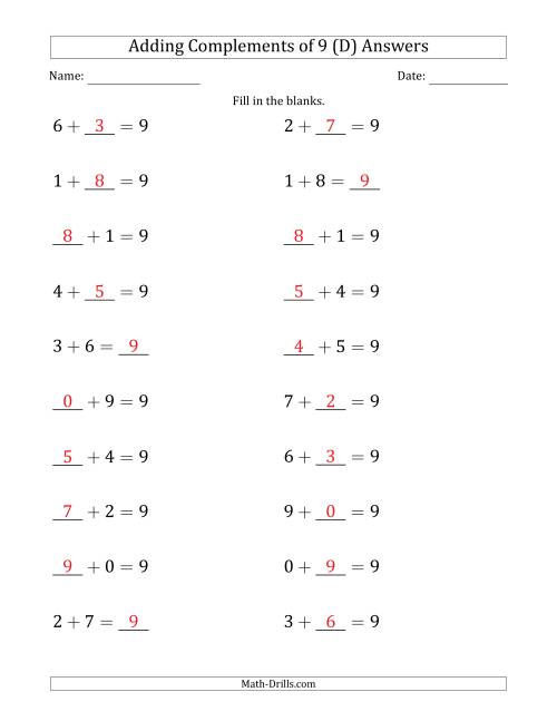 The Adding Complements of 9 (Blanks in Any Position, Including Sums) (D) Math Worksheet Page 2
