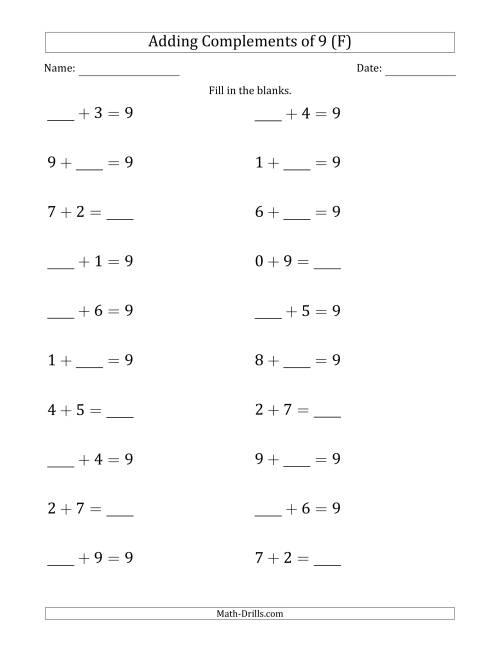 The Adding Complements of 9 (Blanks in Any Position, Including Sums) (F) Math Worksheet