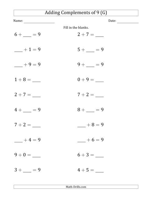 The Adding Complements of 9 (Blanks in Any Position, Including Sums) (G) Math Worksheet